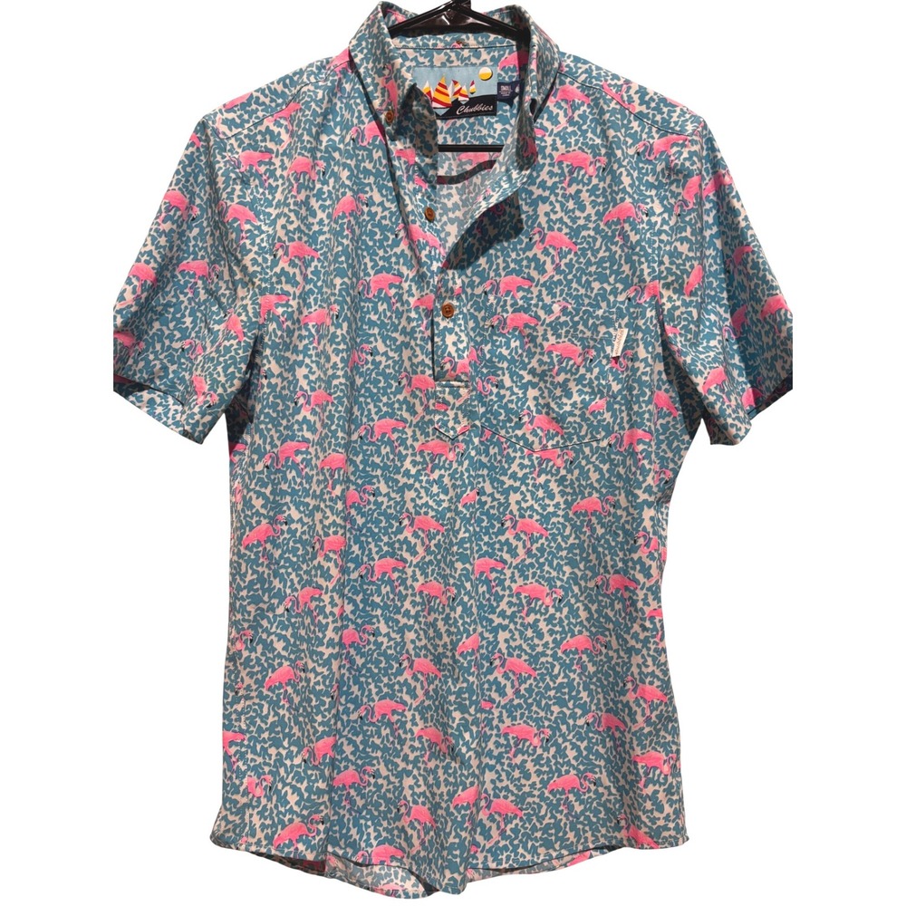 Chubbies Mens Small Flamingo Leopard Print Short Sleeve Popover Shirt Blue Pink